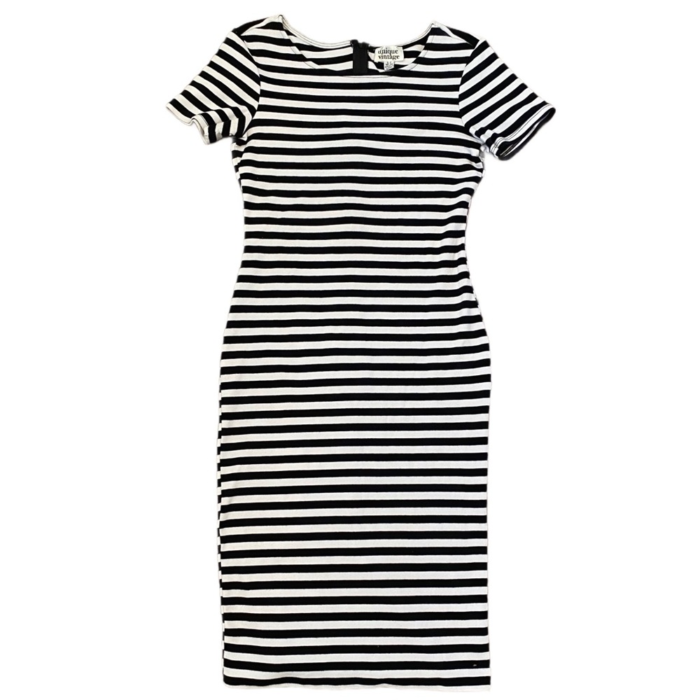 Unique Vintage Black and White Striped Midi Dress Size 10/12